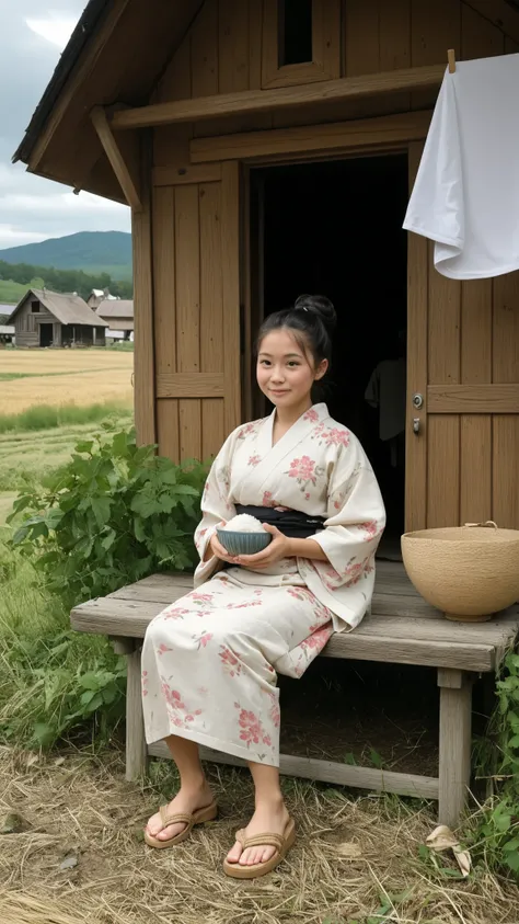 Beautiful young Japanese woman, around 25 years old, in a rural village in Japan. She has straight black hair tied in a simple bun, pale skin and tired expression,  but serene . She wears a cheap cotton kimono, faded and patched up, with straw sandals. It'...