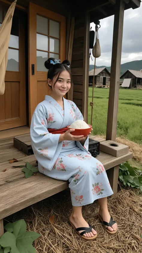 Beautiful young Japanese woman, around 25 years old, in a rural village in Japan. She has straight black hair tied in a simple bun, pale skin and tired expression,  but serene . She wears a cheap cotton kimono, faded and patched up, with straw sandals. It'...
