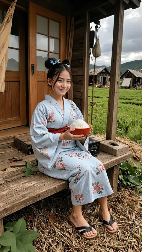Beautiful young Japanese woman, around 25 years old, in a rural village in Japan. She has straight black hair tied in a simple bun, pale skin and tired expression,  but serene . She wears a cheap cotton kimono, faded and patched up, with straw sandals. It'...