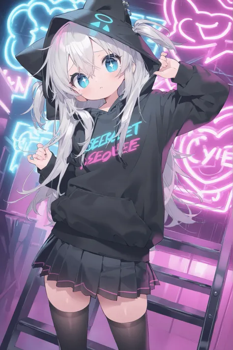 Highest image quality、top quality、8k、Highly Detailed CG、dynamic angle、cowboy shot、Neon Light Sparkling Cyber Nightclub、standing on a stepladder、see here、Beautiful girl,1 cute girl、 Silver Hair、blue eyes、shy、cute accessory、black hoodie、I'm wearing a hoodie ...