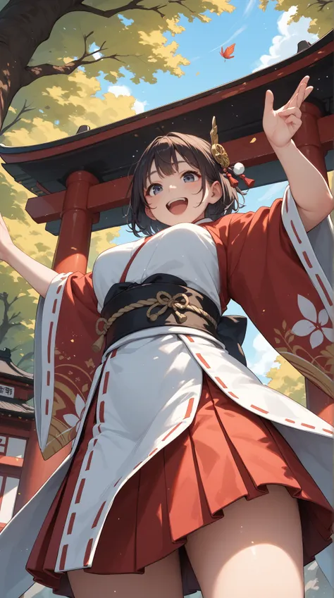 1 girl、Shrine maiden、dancing、Japanese、shrine、from below、happy、masterpiece、of the best quality、 Costume、SFW