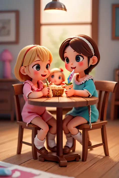 Four cute rag dolls, adorable cloth dolls, sitting on vintage wooden chairs around a table with four magnificent and delicious very colorful ice cream cups, soft pastel colors, warm lighting, cozy interior, detailed textures, soft focus, photorealistic, 4K...