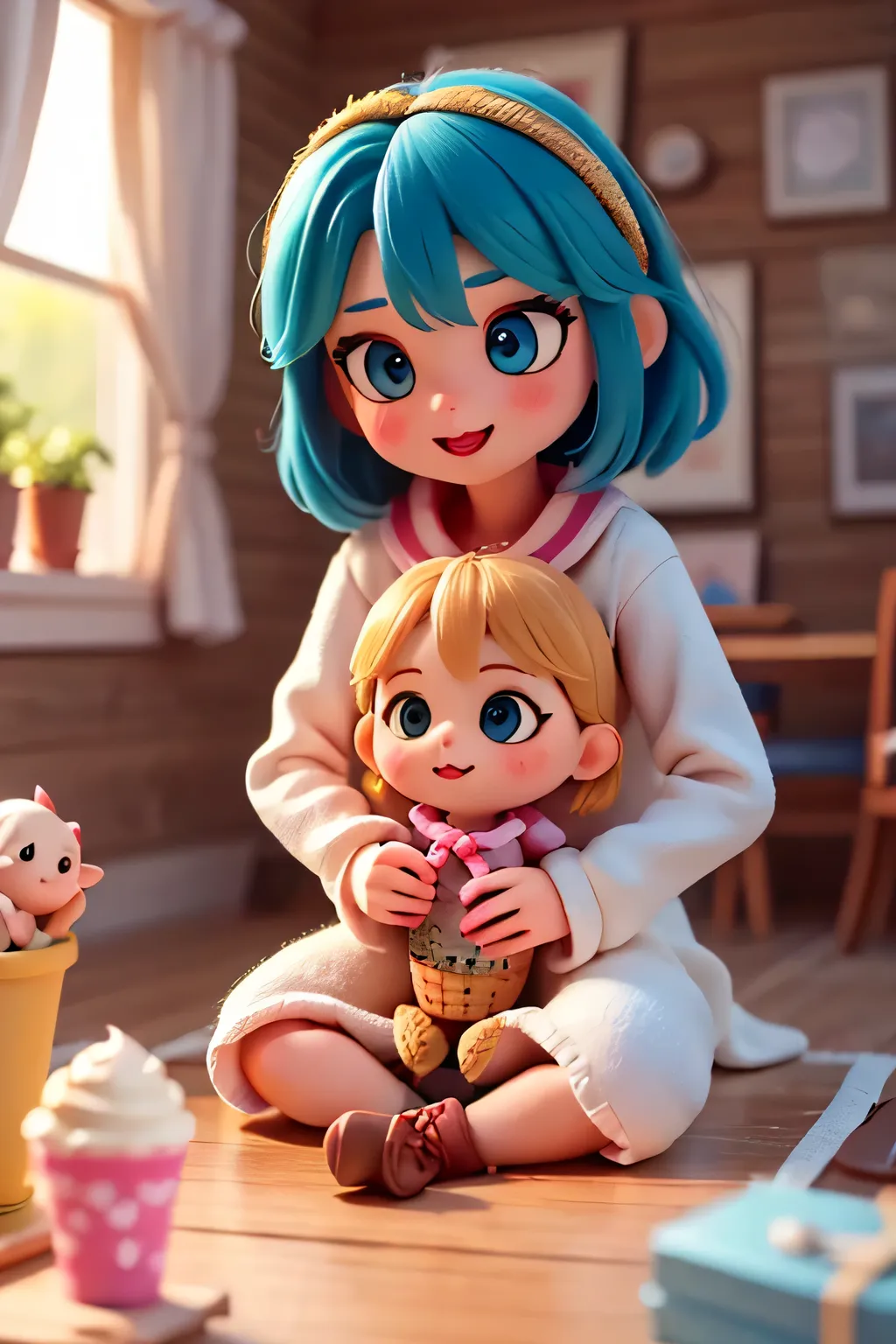 Four cute rag dolls, adorable cloth dolls, sitting on vintage wooden chairs around a table with four magnificent and delicious very colorful ice cream cups, soft pastel colors, warm lighting, cozy interior, detailed textures, soft focus, photorealistic, 4K...