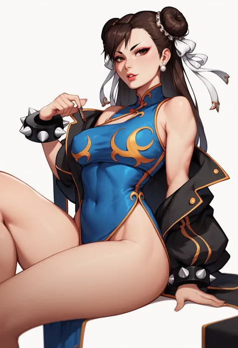 Chun li, master piece, best image quality, facing the camera, chinese dress,  navel, Sexy tall, looking straight at the camera, long hair, Perfect body, white background, long hair, off-the-shoulder, medium breasts, (1girl), sole girl, covered in,  hourglass body, ((muscular legs)))