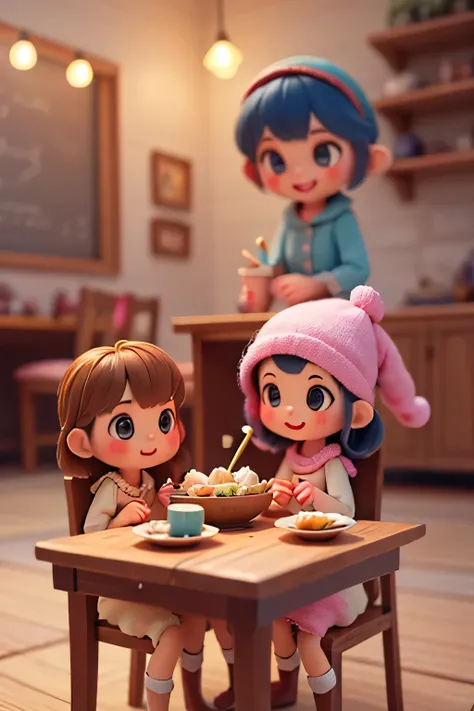 Four cute rag dolls, adorable cloth dolls, sitting on vintage wooden chairs around a table with four magnificent and delicious very colorful ice cream cups, soft pastel colors, warm lighting, cozy interior, detailed textures, soft focus, photorealistic, 4K...