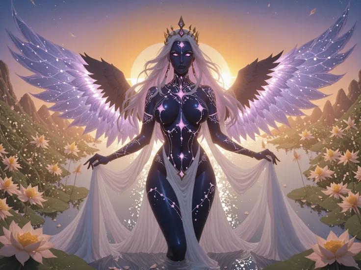 She is Xochipilli reborn in ecstatic triptych, a divine androgyne of sacred sensuality—half-bloom, half-myth. Her skin is etched with floral glyphs that pulse like bioluminescent tattoos. Petals emerge from her spine like wings. Her crown is woven from psi...