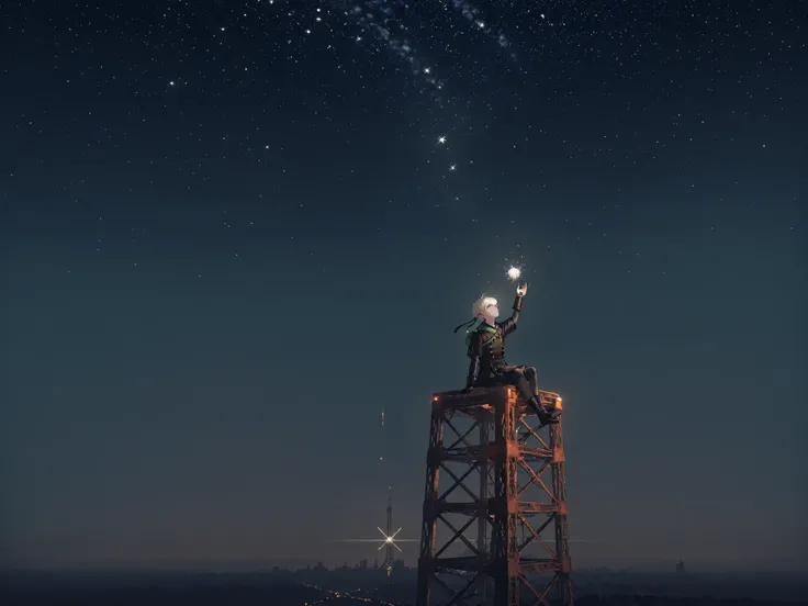 Solo, 1characters, scenery, nierscene, in a bright space, YoRHa 9S, sitting on a steel girder high up, looking up at the night sky, starry sky, night