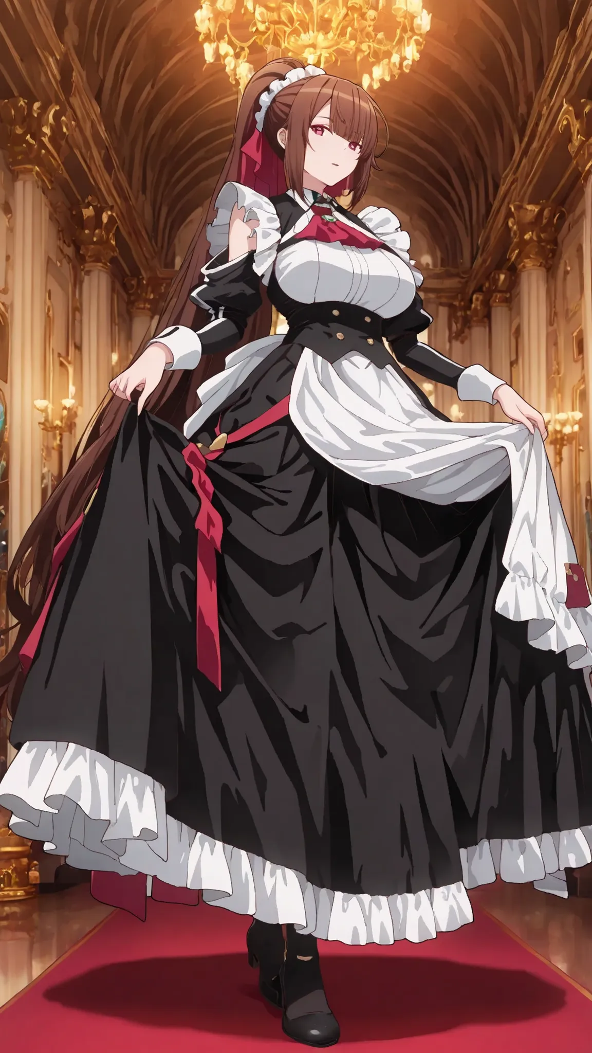 amagi_ilxl, 1girl,lift skirt,white decorated panties,white gutter belts ,from below,upskirt,looking at viewers,vivid lighting, joyful atmosphere, colorful background, full body, opulent throne room, elegant noble interior, high vaulted ceilings, ornate cha...