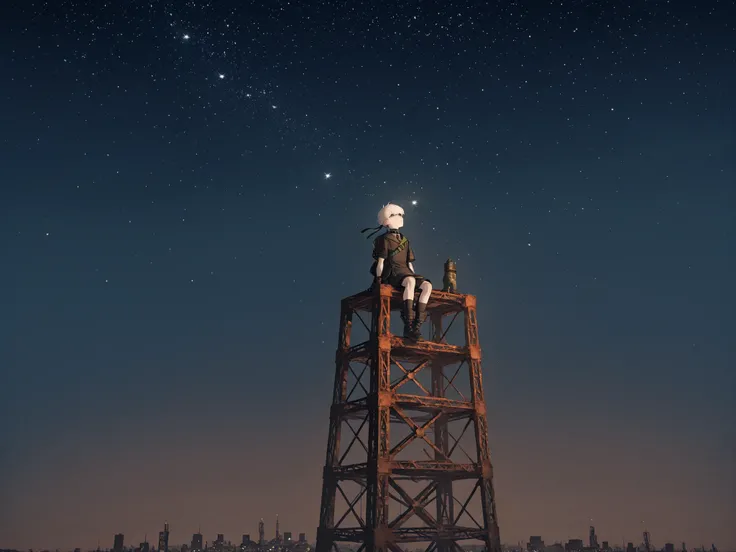 Solo, 1characters, scenery, nierscene, YoRHa 9S, sitting on a steel girder high up, looking up at the night sky, starry sky, night