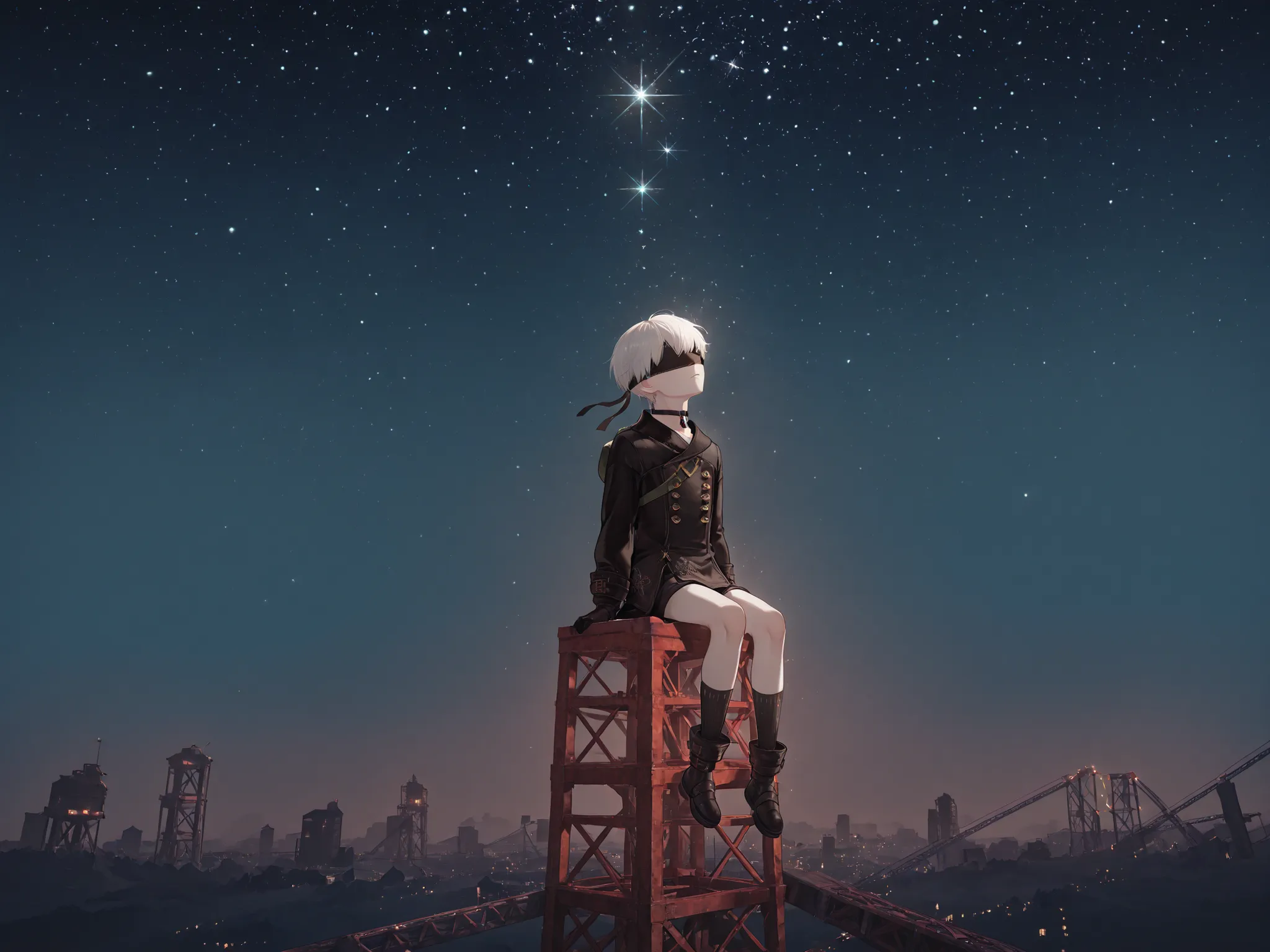 Solo, 1character, 9s,white hair,blindfold,black blindfold, choker scenery, nierscene, YoRHa 9S, sitting on a steel girder high up, looking up at the night sky, starry sky, night