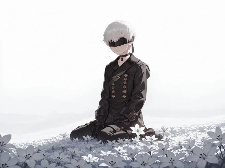 Solo, 1character, 9s,white hair,blindfold,black blindfold, choker scenery, nierscene, YoRHa 9S, sitting in a field of glowing white flowers, tears, crying, masterpiece, very detailed, absurdres