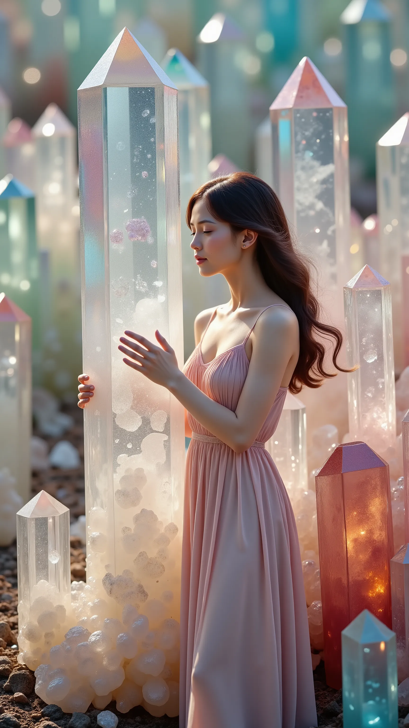 An extremely attractive young woman wearing a long dress has thousands of different colored translucent and clear quartz crystals as tall and taller than her, as thick and thicker than her, coming up out of the ground all around her. Ultra-realistic, photo...
