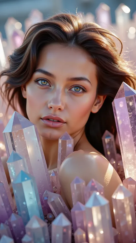 An extremely attractive young woman with thousands of different colored translucent, and clear quartz crystals as tall and taller than her,  coming up out of the ground all around her. Ultra-realistic, photo-realistic, ultra-detailed, 8k, professional movi...
