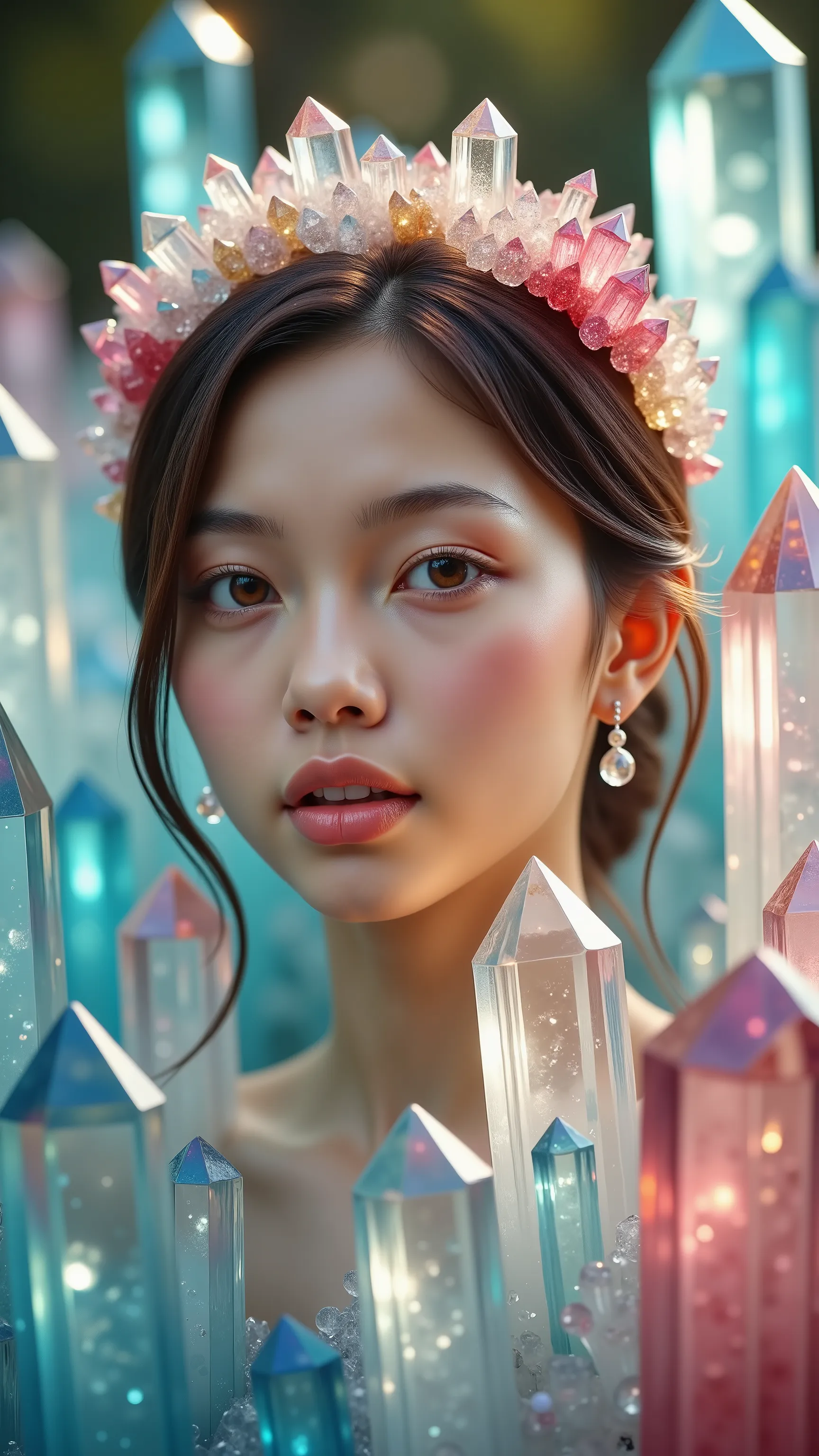 An extremely attractive young woman with thousands of different colored translucent, and clear quartz crystals as tall and taller than her,  coming up out of the ground all around her. Ultra-realistic, photo-realistic, ultra-detailed, 8k, professional movi...