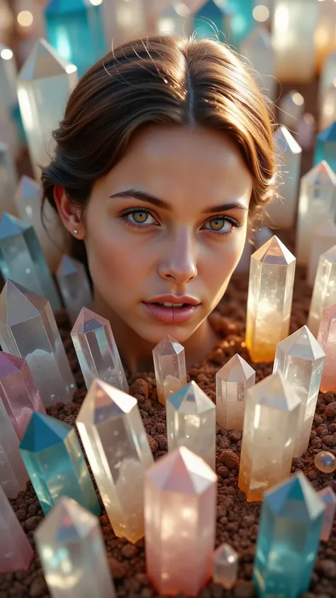 An extremely attractive young woman with thousands of different colored translucent, and clear quartz crystals as tall and taller than her,  coming up out of the ground all around her. Ultra-realistic, photo-realistic, ultra-detailed, 8k, professional movi...