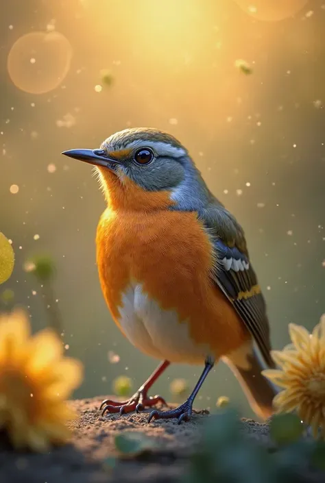 A charming close-up photo，shows a beautiful bird，illuminated by soft golden light on a quiet morning，with a bokeh ball gently framing its petite body