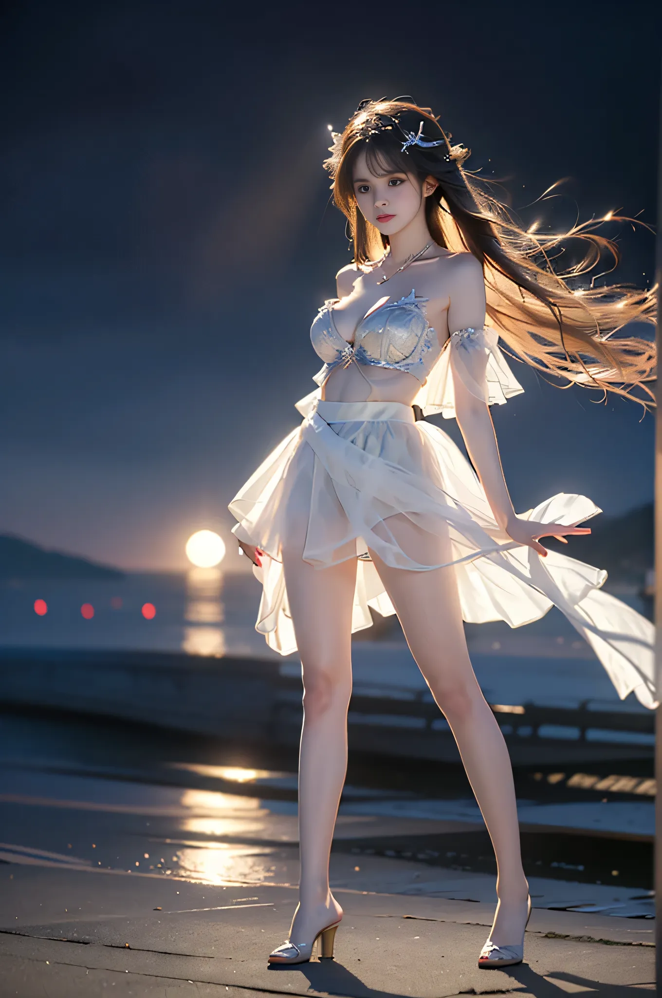 future0603,dress,Hair accessories,jewelry,navel,long skirt,necklace,veil， ,,((full body, from below)), (masterpiece, best quality, ultra-detailed, 8k), realistic, a beautiful sexy long-legged model ((Random scene)), ((Random posture)), (I-type Valley), (Fu...
