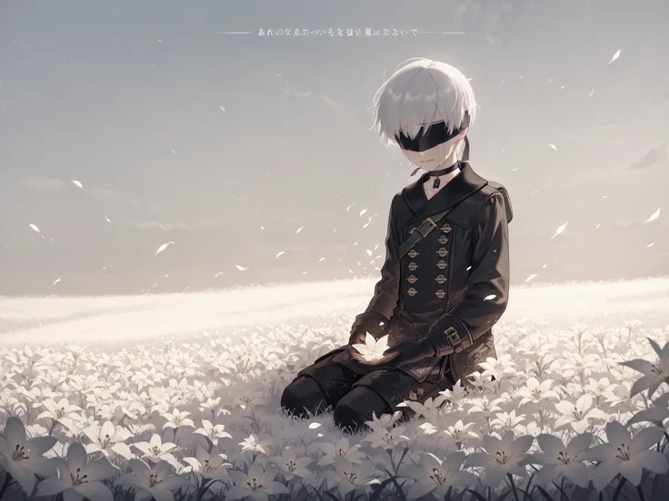 Solo, 1character, 9s,white hair,blindfold,black blindfold, choker scenery, nierscene, YoRHa 9S, sitting in a field of glowing white flowers, tears, crying, masterpiece, very detailed, absurdres