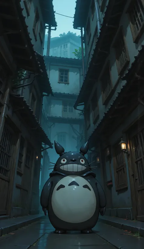 Mysterious Alley.hidden alleyway,Dead-end alley, Mysterious Totoro in front 
(Wearing highrise_mask),(portrait),close up 1animal,Totoro _ Studio Ghibli anime, shot,look at viewer, heavy rain, smile with teeth