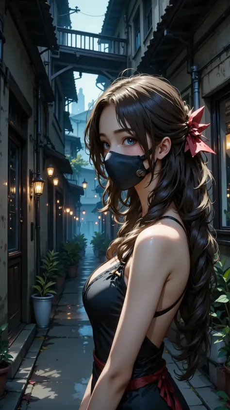 Mysterious Alley.hidden alleyway,Dead-end alley, Mysterious Neighbor,in front,
(Wearing highrise_mask),(portrait),close up ,girl,wearing a dress,shot,look at viewer,from side