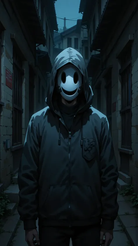 Mysterious Alley.hidden alleyway,Dead-end alley, Mysterious Neighbor,in front,
(Wearing highrise_mask),(portrait),close up shot,look at viewer