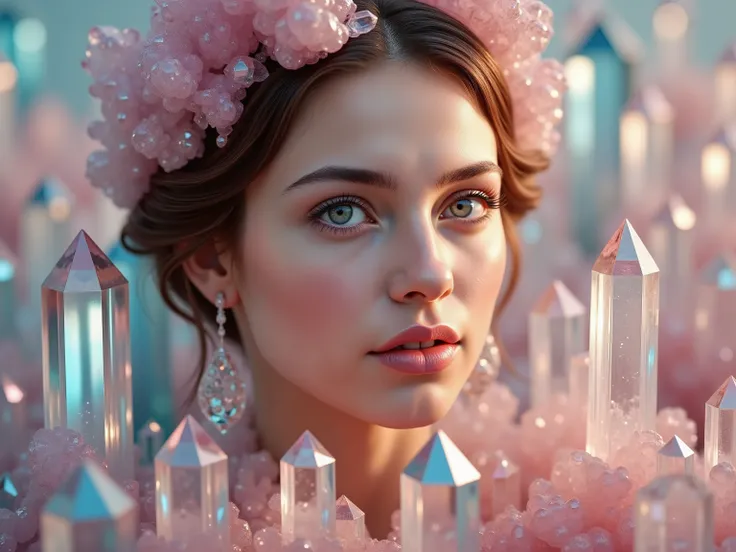 An extremely attractive young woman with thousands of different colored translucent, and clear quartz crystals as tall and taller than her,  coming up out of the ground all around her. Ultra-realistic, photo-realistic, ultra-detailed, 8k, professional movi...