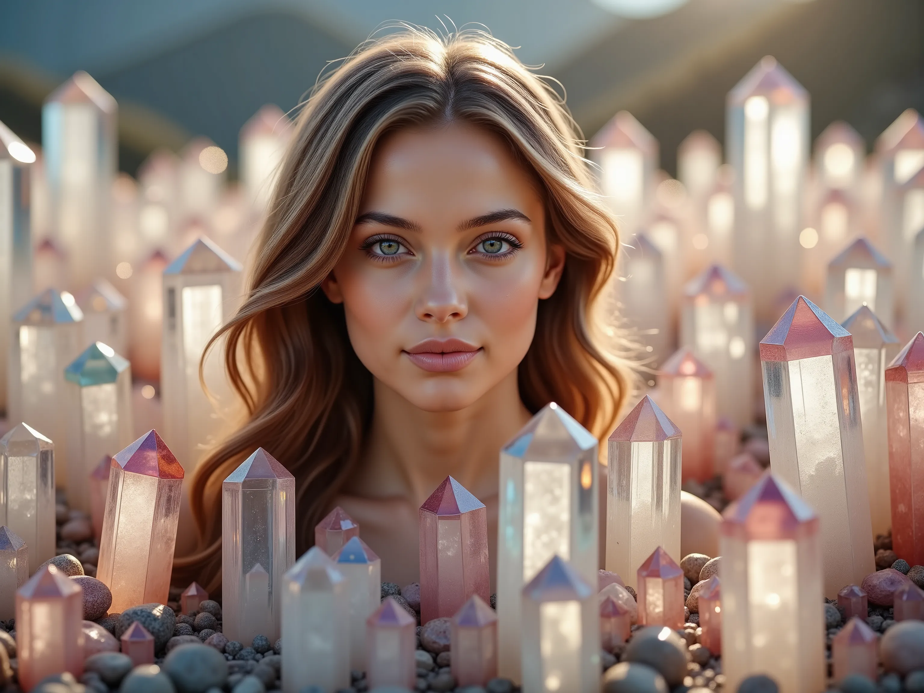 An extremely attractive young woman with thousands of different colored translucent, and clear quartz crystals as tall and taller than her,  coming up out of the ground all around her. Ultra-realistic, photo-realistic, ultra-detailed, 8k, professional movi...