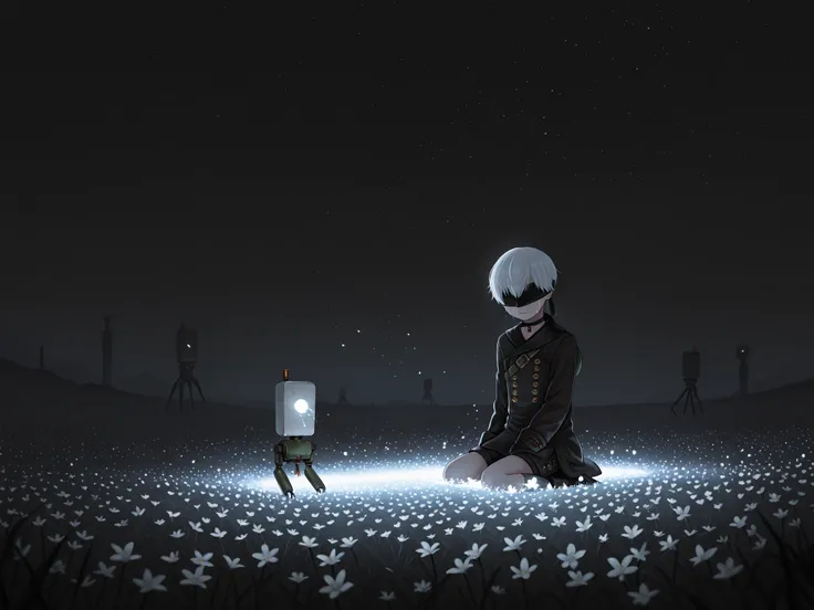 Solo, 1character, 9s,white hair,blindfold,black blindfold, choker scenery, nierscene, YoRHa 9S, sitting in a field of glowing white flowers, in a dark space, the only light is from the flowers, Pod 153, tears, crying, masterpiece, very detailed, absurdres