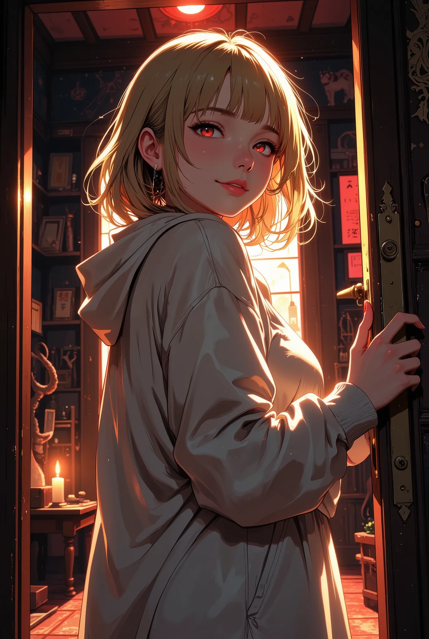anime style, bust-up portrait of a mysterious but charming girl opening her apartment door with a gentle smile, wearing a slightly wrinkled one-piece dress with a loose cardigan, soft lighting on her face, red glowing eyes giving an eerie charm, golden blo...