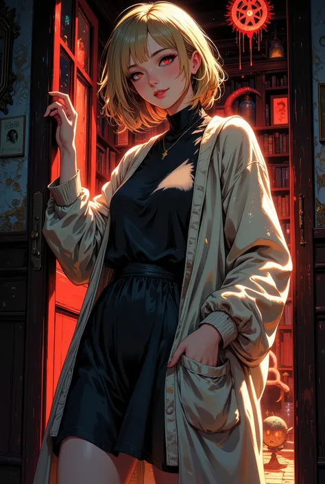 anime style, bust-up portrait of a mysterious but charming girl opening her apartment door with a gentle smile, wearing a slightly wrinkled one-piece dress with a loose cardigan, soft lighting on her face, red glowing eyes giving an eerie charm, golden blo...
