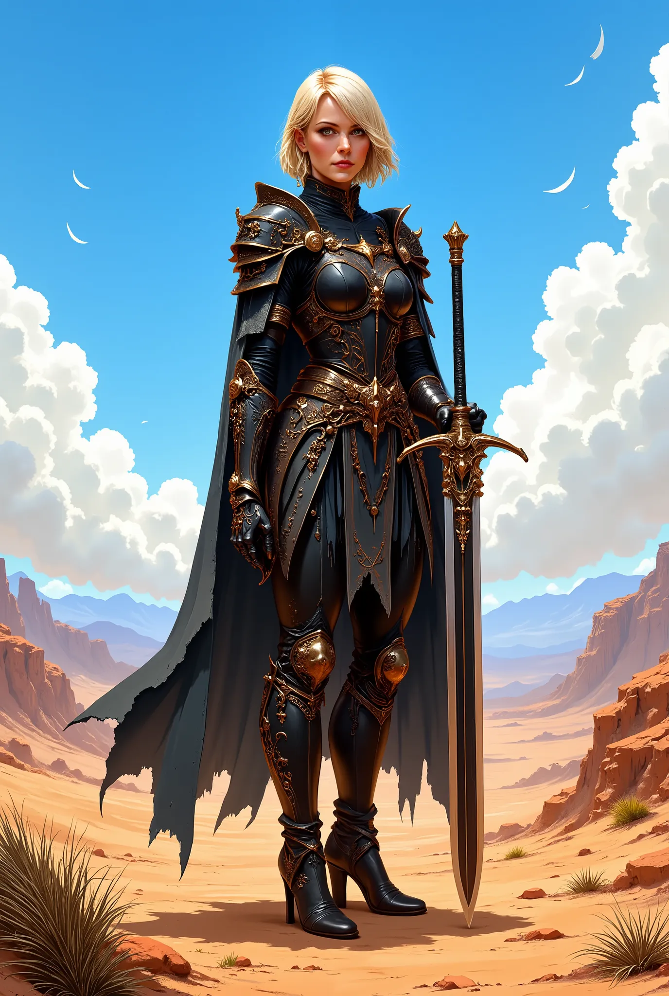 In RPG style, in style of Dungeons & Dragons, in style of fantasy painting. Full body view, looking at the viewer. Image of a female warrior, holding a sword with dark narrow blade. Oriental Armor. Short cloak. Dark pants. High leather boots with small hee...