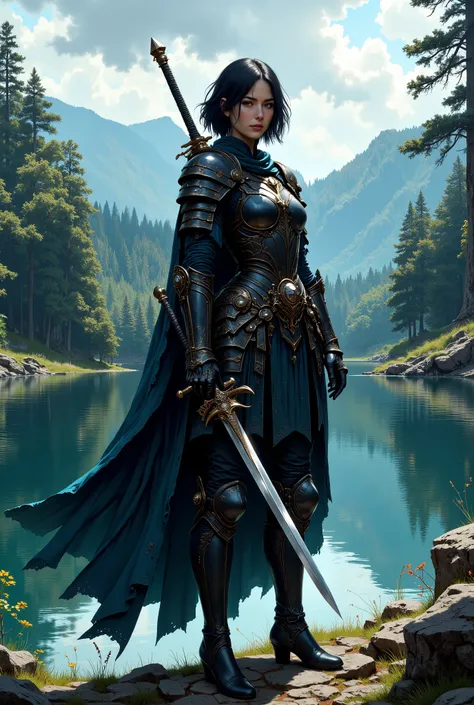 In RPG style, in style of Dungeons & Dragons, in style of fantasy painting. Full body view, looking at the viewer. Image of a female warrior, holding a sword with dark narrow blade. Dark Armor. Short cloak. Dark pants. High leather boots with small heels. ...