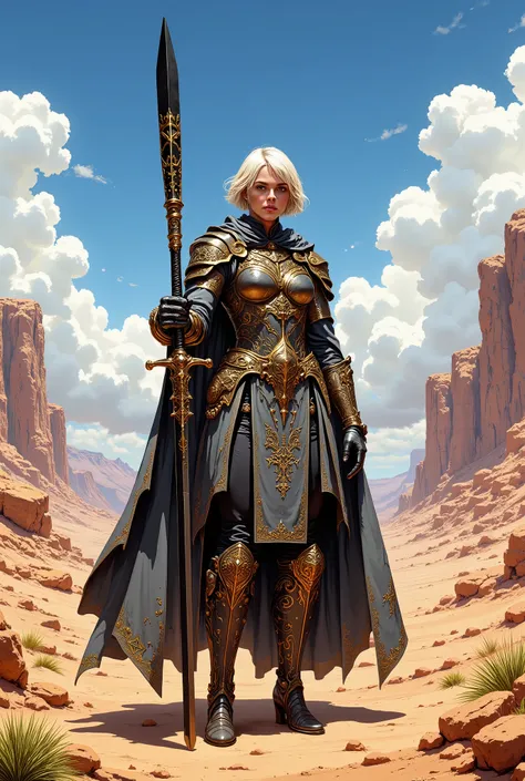 In RPG style, in style of Dungeons & Dragons, in style of fantasy painting. Full body view, looking at the viewer. Image of a female warrior, holding a sword with dark narrow blade. Ornate armor inspired by traditional Middle Eastern aesthetics. The armor ...