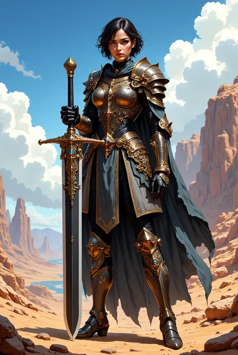 In RPG style, in style of Dungeons & Dragons, in style of fantasy painting. Full body view, looking at the viewer. Image of a female warrior, holding a sword with dark narrow blade. Ornate armor inspired by traditional Middle Eastern aesthetics. The armor ...