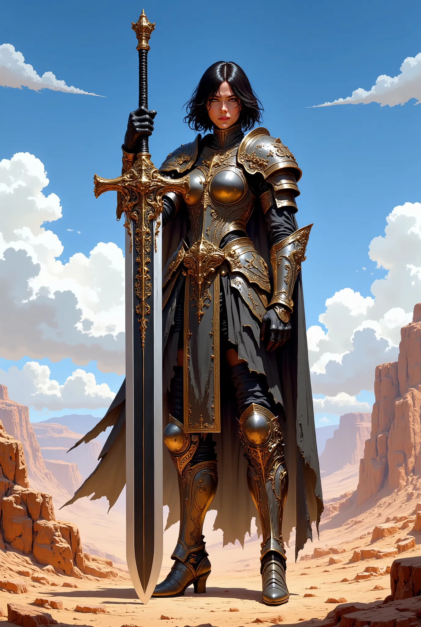 In RPG style, in style of Dungeons & Dragons, in style of fantasy painting. Full body view, looking at the viewer. Image of a female warrior, holding a sword with dark narrow blade. Ornate armor inspired by traditional Middle Eastern aesthetics. The armor ...