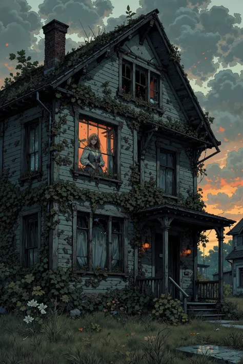 dulac1 illustration,A dark, atmospheric anime illustration of a decaying, ivy-draped house under a clouded twilight sky. Behind a cracked, fogged-up window on the upper floor, a mysterious woman stands in shadow—her pale face softly illuminated from within...