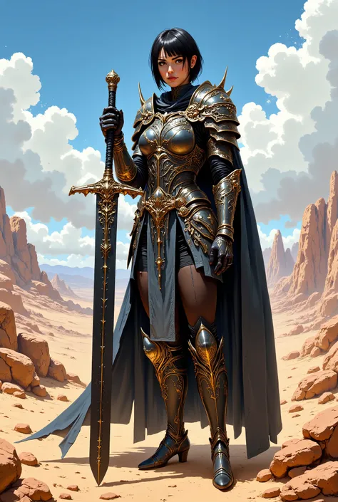 In RPG style, in style of Dungeons & Dragons, in style of fantasy painting. Full body view, looking at the viewer. Image of a female warrior, holding a sword with dark narrow blade. Ornate armor inspired by traditional Middle Eastern aesthetics. The armor ...