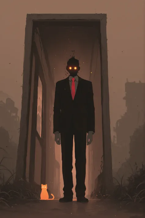 masterpiece, best quality, ultra-detailed, surreal horror, photorealistic, sepia tones, cinematic lighting
a nightmarish dreamlike scene in sepia: a towering, gaunt man seen from an extreme low angle (dramatic upward perspective), standing at the entranc...