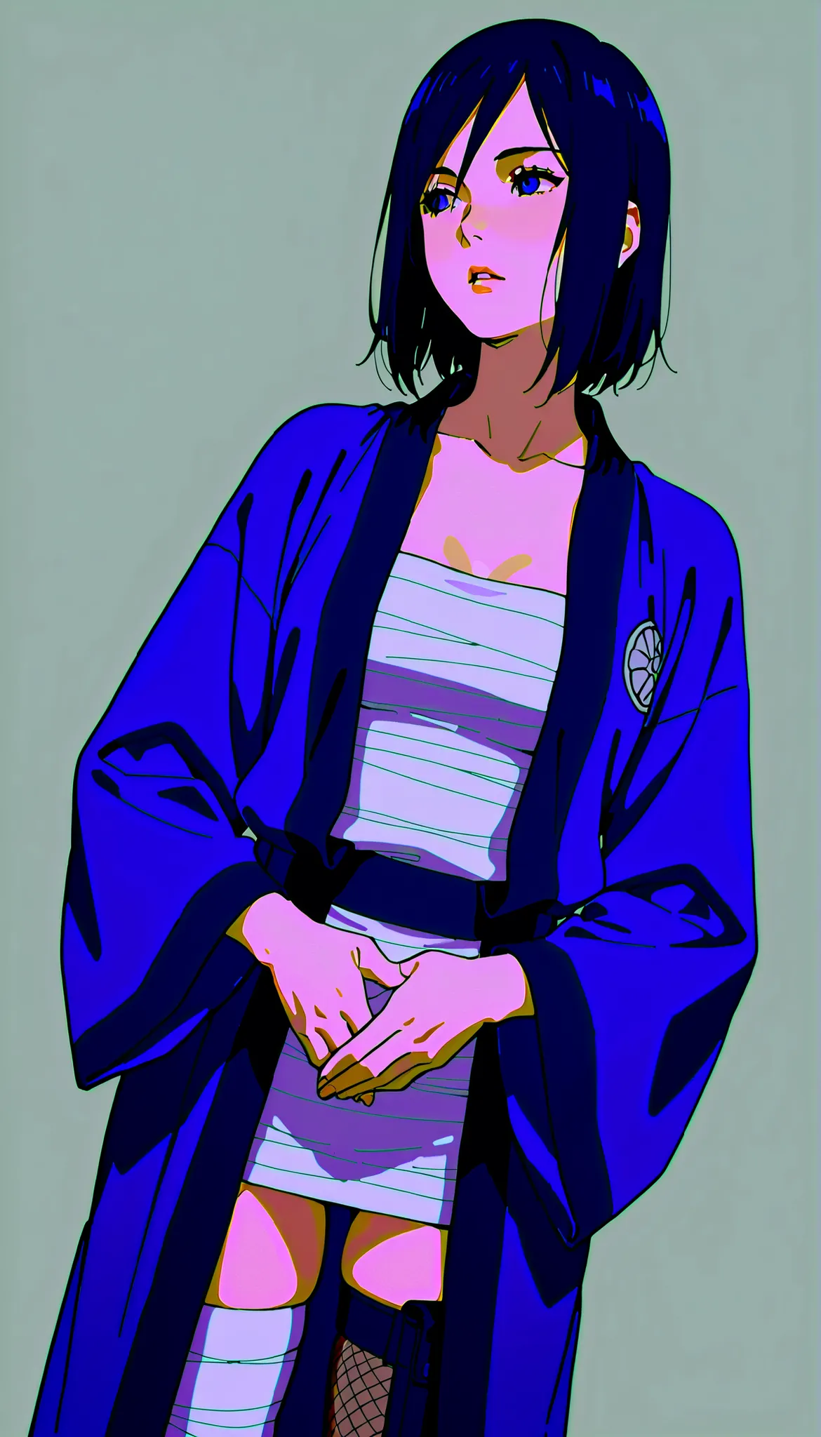 (((IZUMI NASE)))) walking confidently through a war field. The art style should closely match that of Naruto or similar shounen anime, with clean linework and soft shading. ((Solo)) haori with layered leg accessories (bandages, thigh pouch, dark ninja stoc...