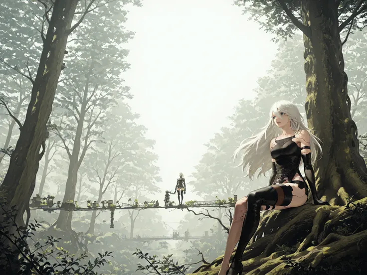 a2_\(nier:automata\),scenery, nierscene, in a forest, sitting on the branch of a tree, looking wistfully into the distance, Dutch angle