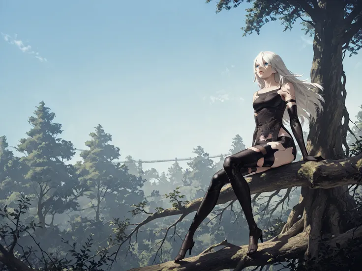 Solo, alone, a2_\(nier:automata\),scenery, nierscene, in a forest, blue sky, sitting on the branch of a tree, looking wistfully into the distance, Dutch angle