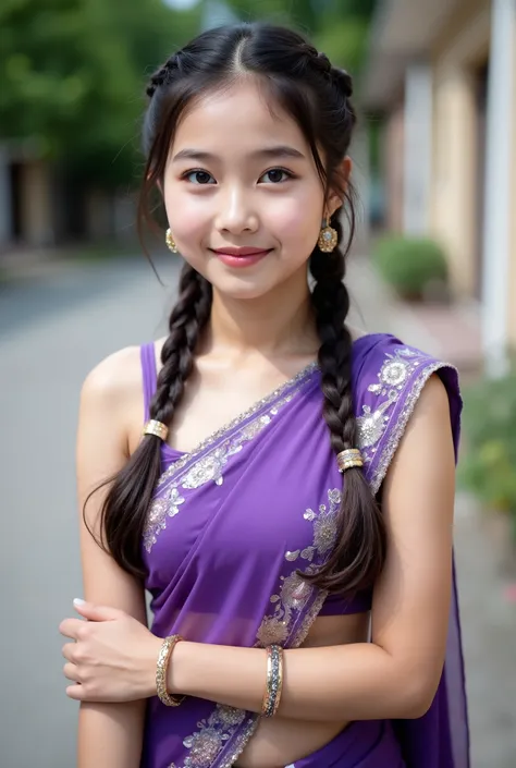 cuteloli, anaswarasdxl, full image of a 20 years old girl with fair skin and striking grey eyes. Her hairs are brunette, long, wavy and have Dutch braided hairstyle. Her attire includes a purple color elegant soft net saree with sequins embroidery and feat...