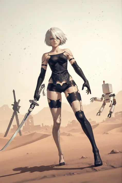 1character, a2_\(nier:automata\), short hair, scenery, nierscene, in a desert, ready to fight, holding sword tightly, swords, scowling, Dutch angle, Pod 042