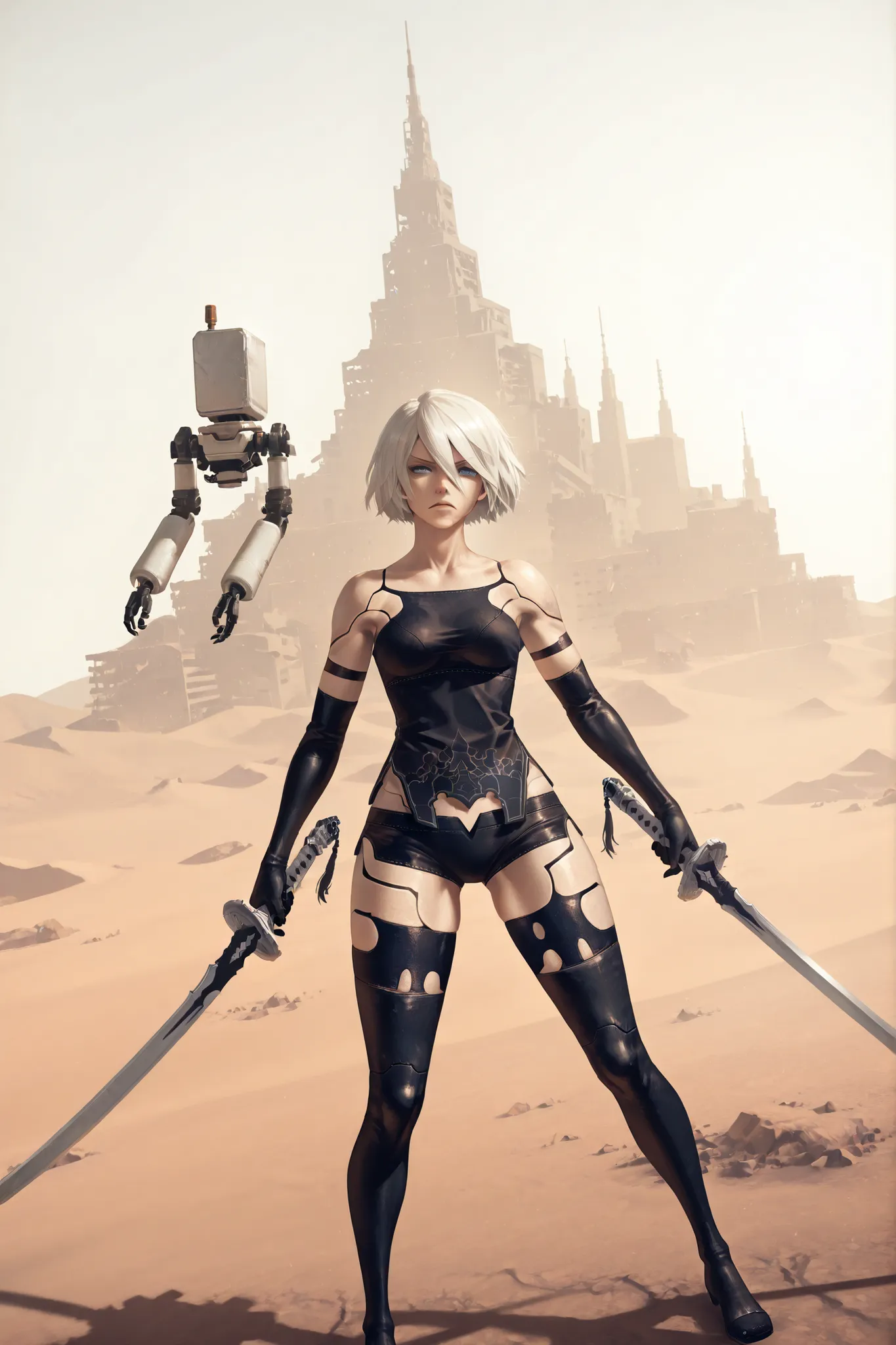 1character, a2_\(nier:automata\), short hair, scenery, nierscene, in a desert, ready to fight, holding sword tightly, swords, scowling, Dutch angle, Pod 042