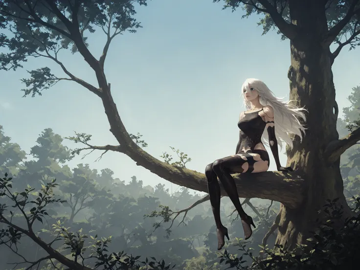 Solo, alone, a2_\(nier:automata\),scenery, nierscene, in a forest, blue sky, sitting on the branch of a tree, looking wistfully into the distance, Dutch angle