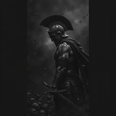 a black and white photo of a spartan in a dark sky, spartan warrior facing left, looking down on a pile of skulls, spartan, ancient warrior, dressed in spartan armour, ancient soldier, hd phone wallpaper, spartan rage, phone wallpaper hd, dark warrior, cin...
