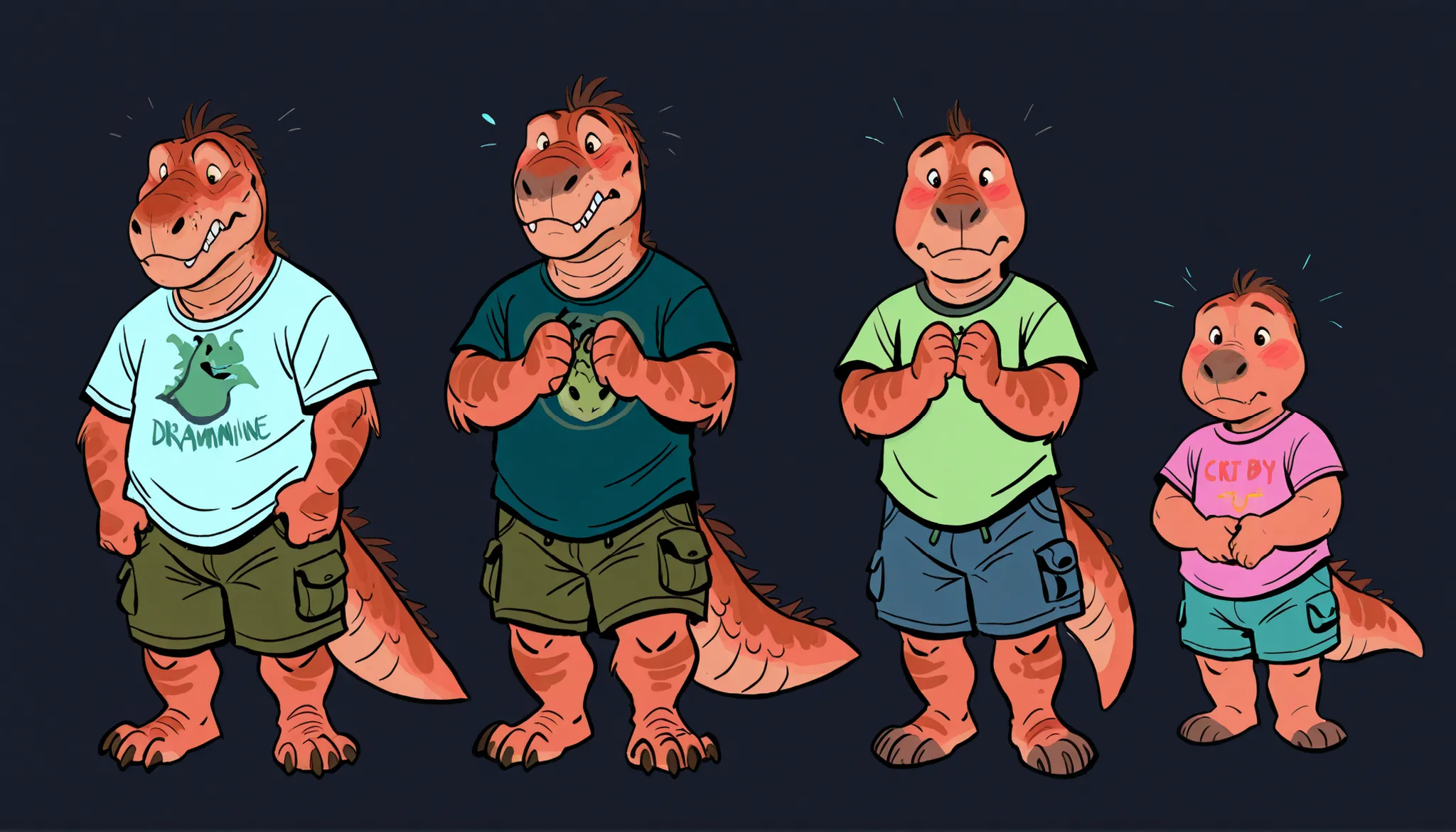 Anthro T-rex, dinosaur, scale, reptile, male, young, toddler, small, short, kid, thick tail, cute, t-shirt, cargo shorts, claws, teeth, simple design, character design, character concept art, multiple views, shy, (by dramamine, by studio ghibli)