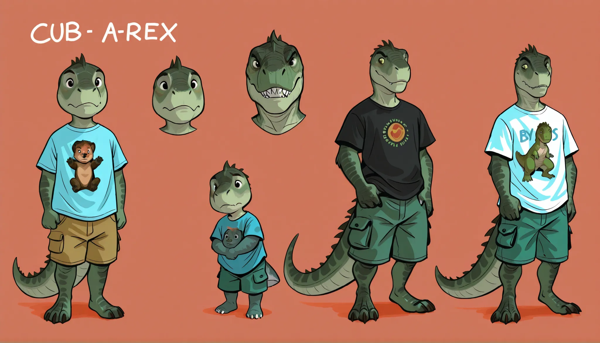 Anthro T-rex, dinosaur, scale, reptile, male, young, toddler, small, short, cub, thick tail, cute, t-shirt, cargo shorts, claws, teeth, simple design, character design, character concept art, multiple views, shy, (by dramamine, by studio ghibli)