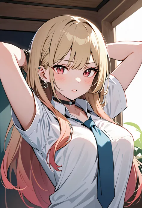 (masterpiece,  top quality , Mysterious aesthetics,  super detailed ),  detailed information,  One Girl , Kitagawa Marine , sono bisque doll wa koi wo suru,  blondes,  red eyes,  ear earrings,   barbell earrings  ,  Black Choker,  shirt with shirt ,  white...
