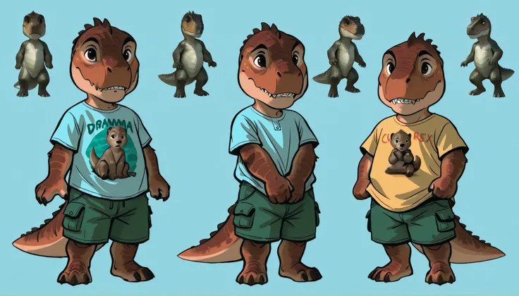 Anthro T-rex, dinosaur, scale, reptile, male, young, toddler, small, short, cub, thick tail, cute, t-shirt, cargo shorts, claws, teeth, simple design, character design, character concept art, multiple views, shy, (by dramamine, by studio ghibli)
